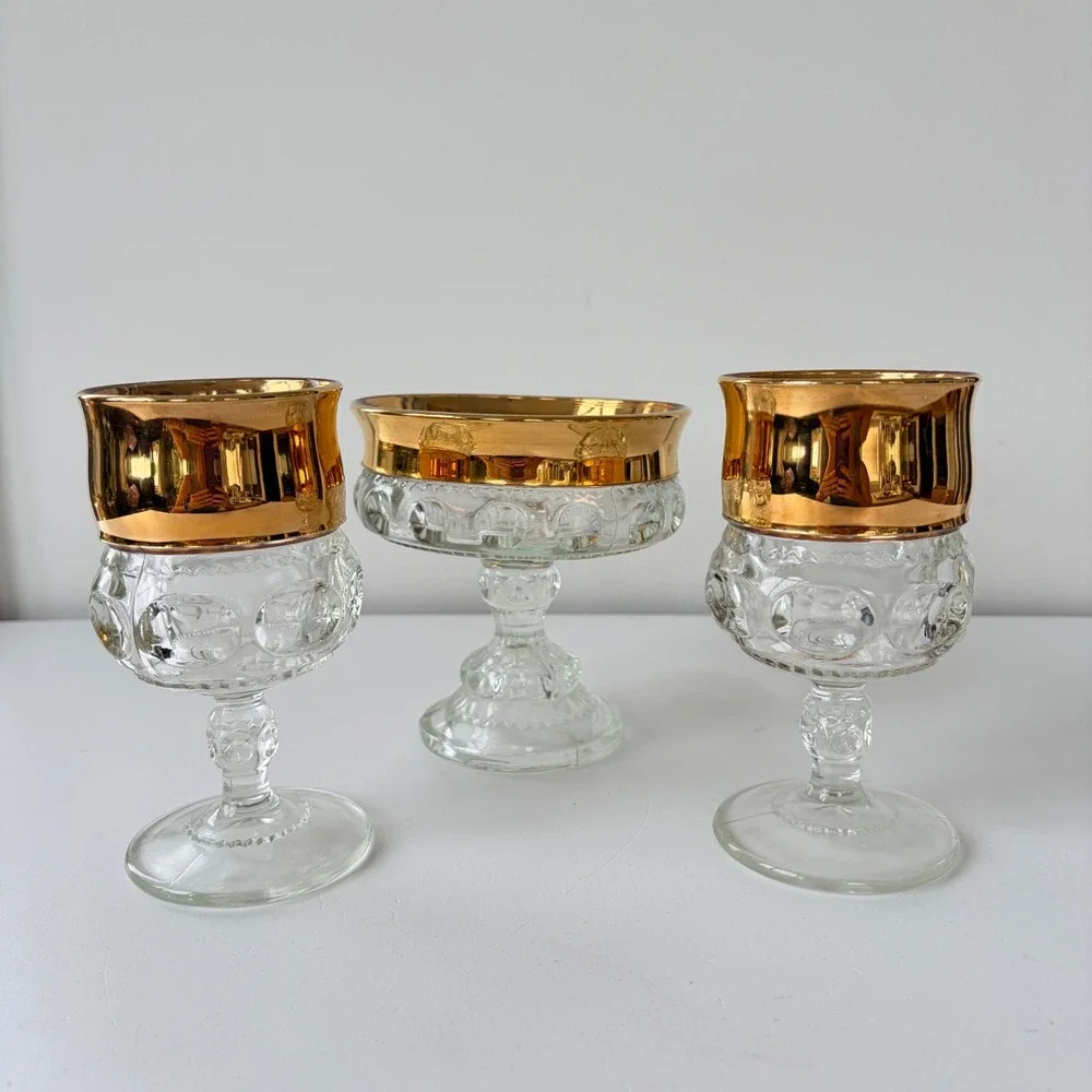 Indiana Glass Kings Thumbprint Gold Rim Goblets and Compote Set of 3 Vintage MCM